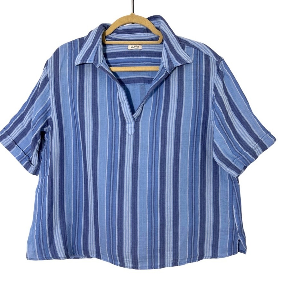 LL Bean Popover Shirt Womens S Blue Striped Cotton Gauze Short Sleeve Coastal